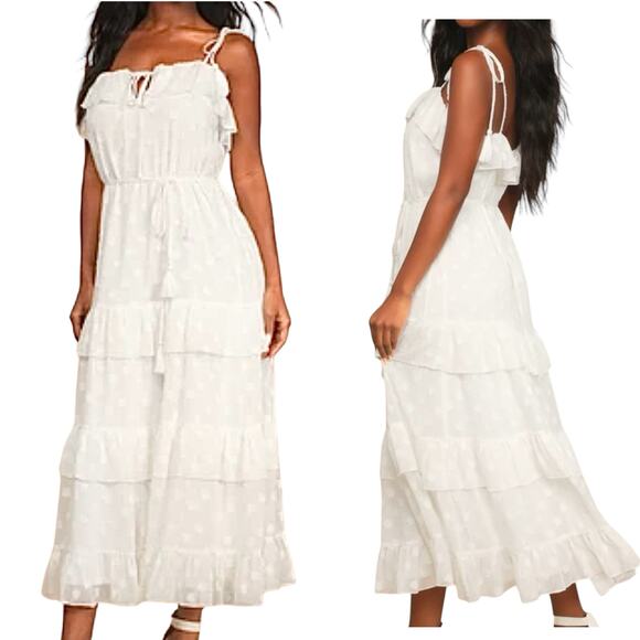 NEW Lulus Size M Easily Adored Burnout Floral Tiered Midi Dress White Ruffle - Picture 1 of 16